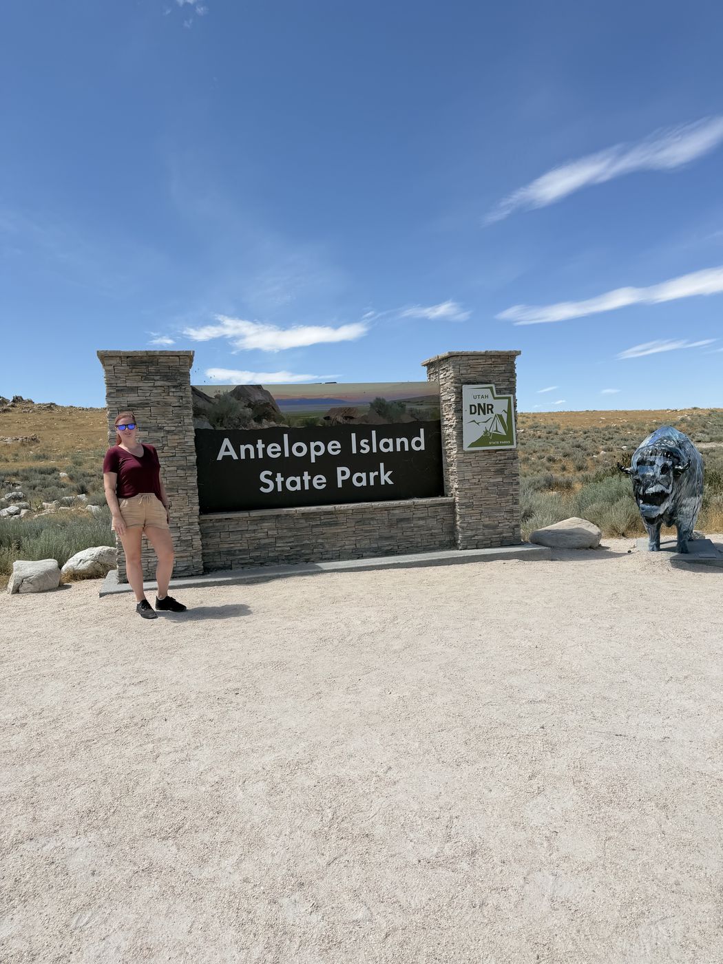 Jenna at the Antelope Island State Park sign