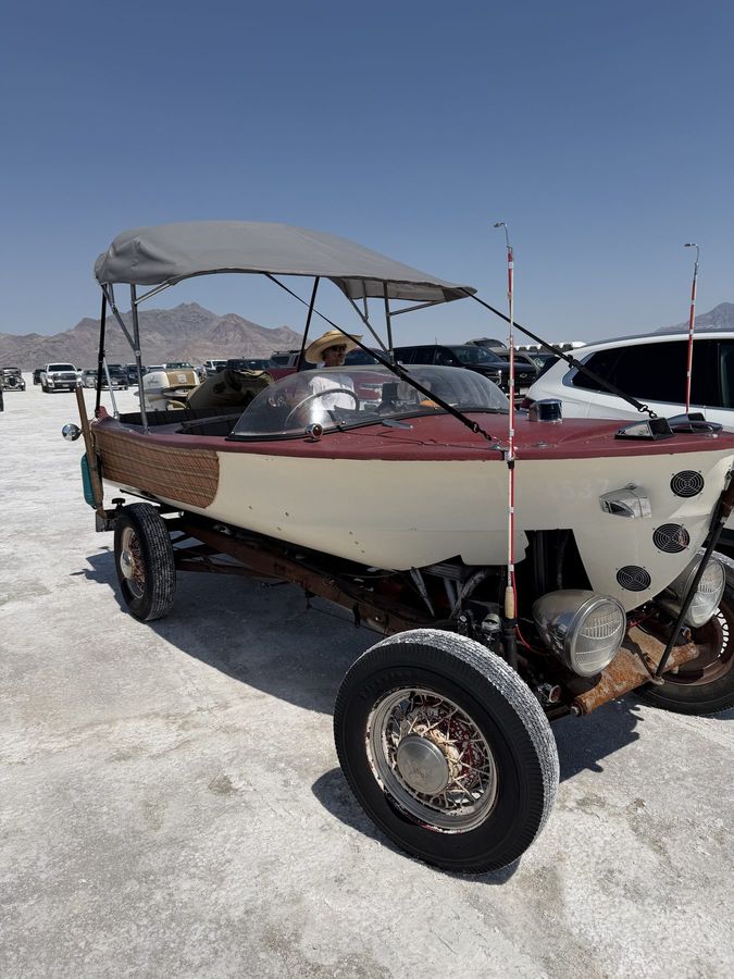 A boat built onto a hot-rod chassis at Speed Week