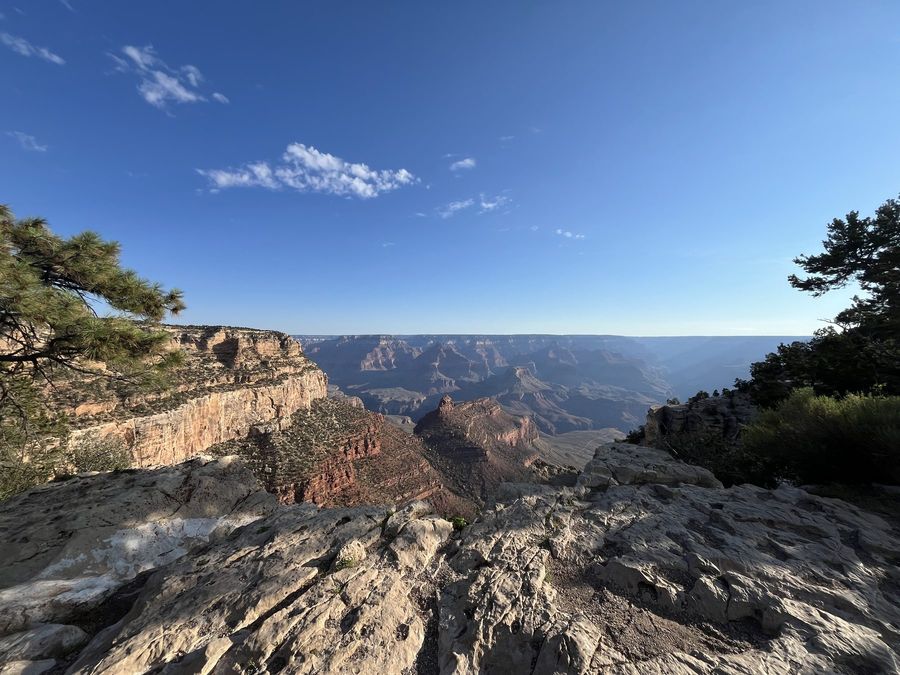 The Grand Canyon from the rim under a blue sky