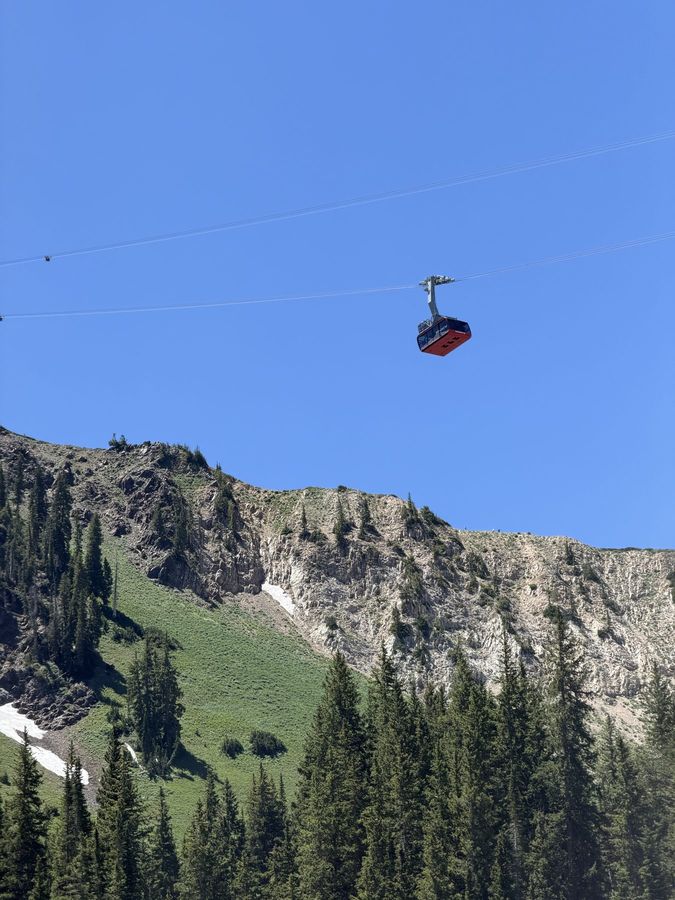 A red tram car crossing high above the mountainside
