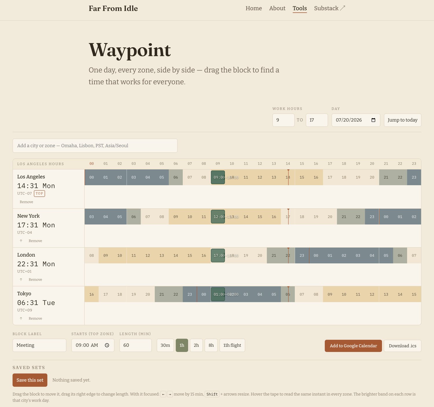 The Waypoint tool comparing Los Angeles, New York, London, and Tokyo on a single day, with a meeting block lined up across all four time zones