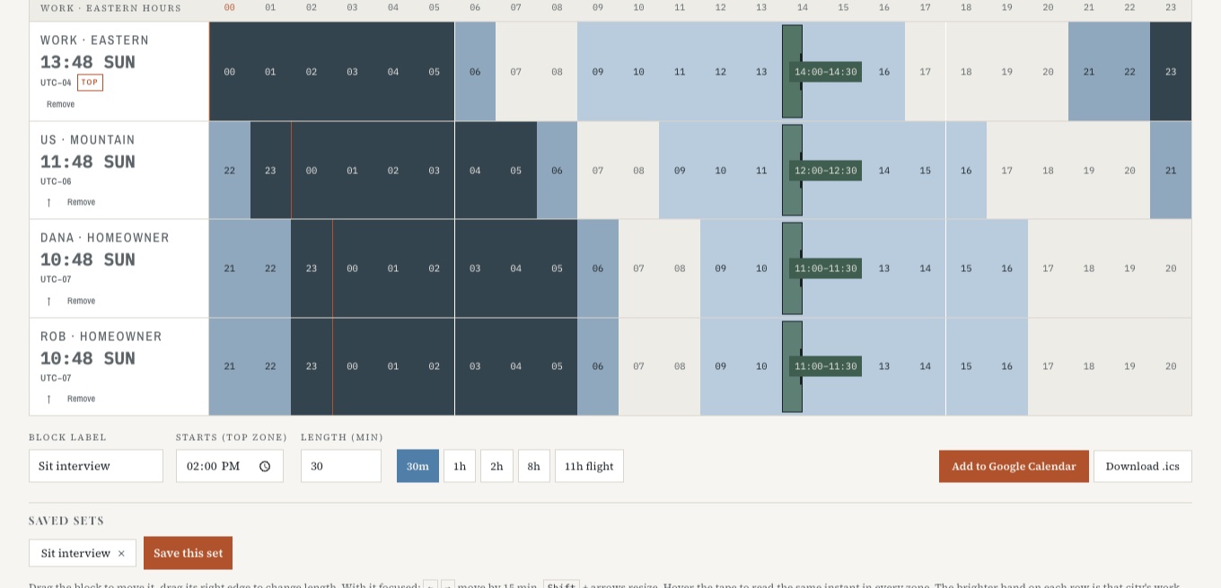 Waypoint with four rows - work on Eastern, us on Mountain, and two homeowners on Pacific - with a half-hour sit interview block lined up across all four